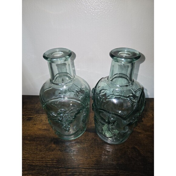 Vintage Canadian Pressed Glass Decanter Fruit Design Aqua Blue 7.5” Set of 2 - Picture 5 of 8